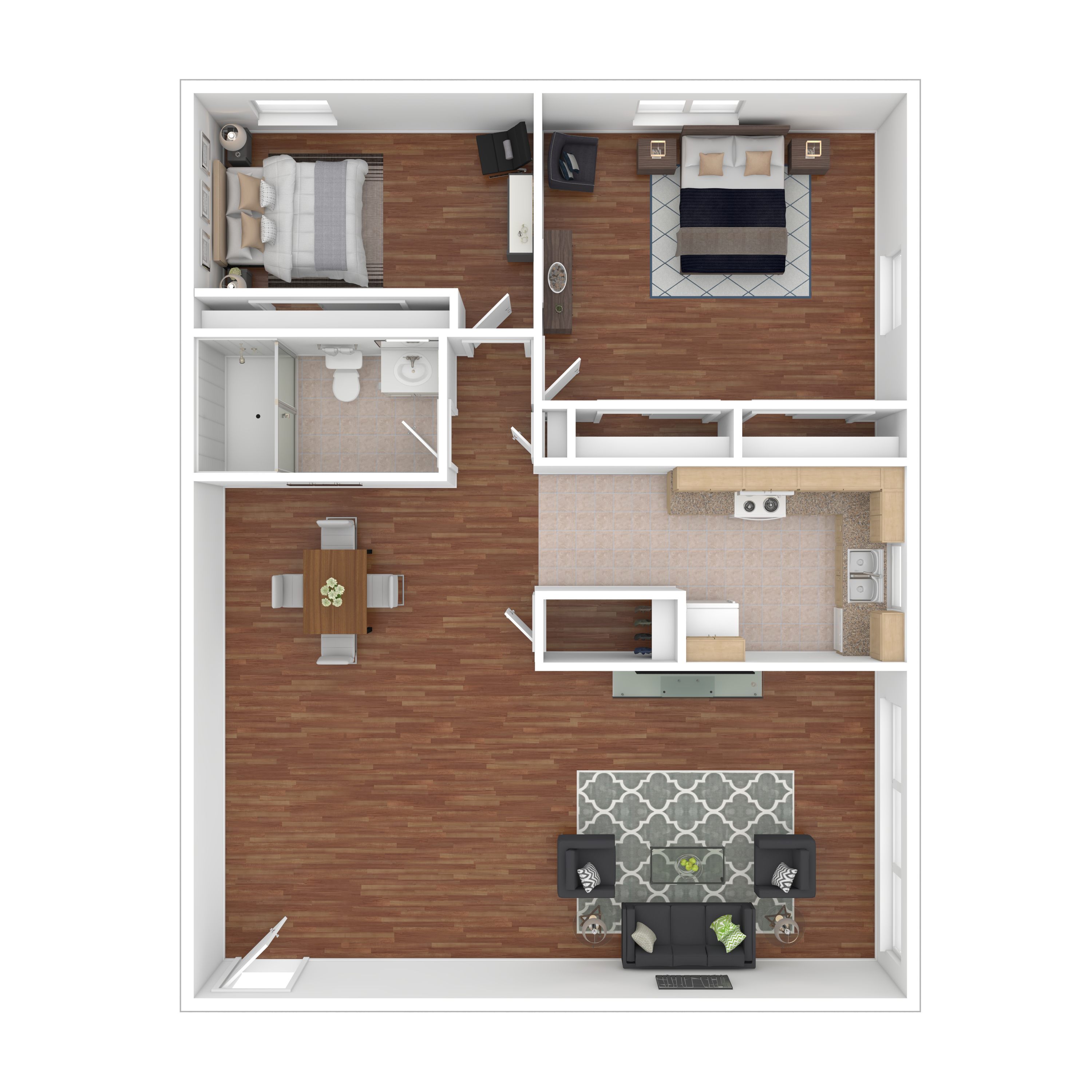 A top down view of a living room, kitchen, and bathroom.