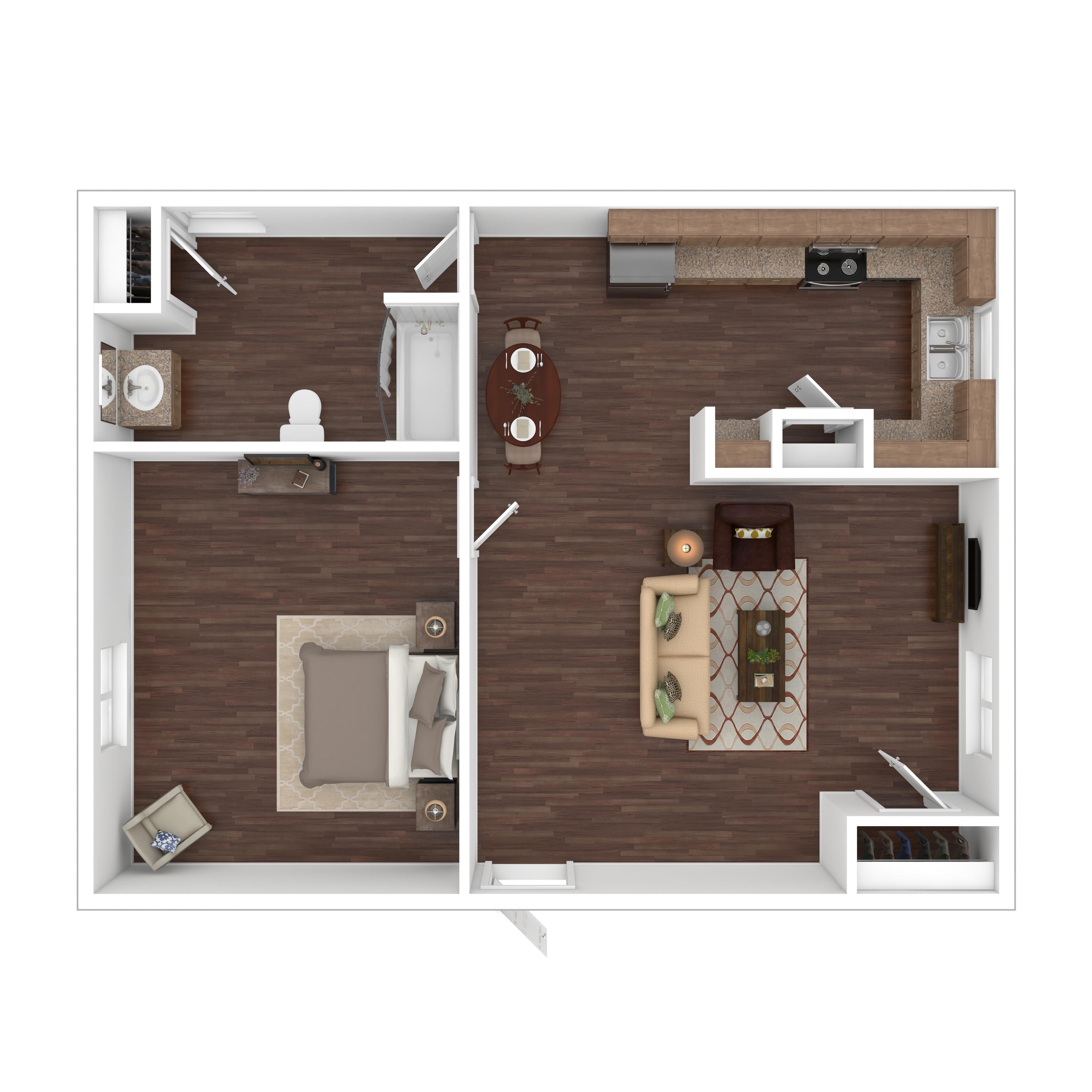 A top down view of a living room and kitchen area.