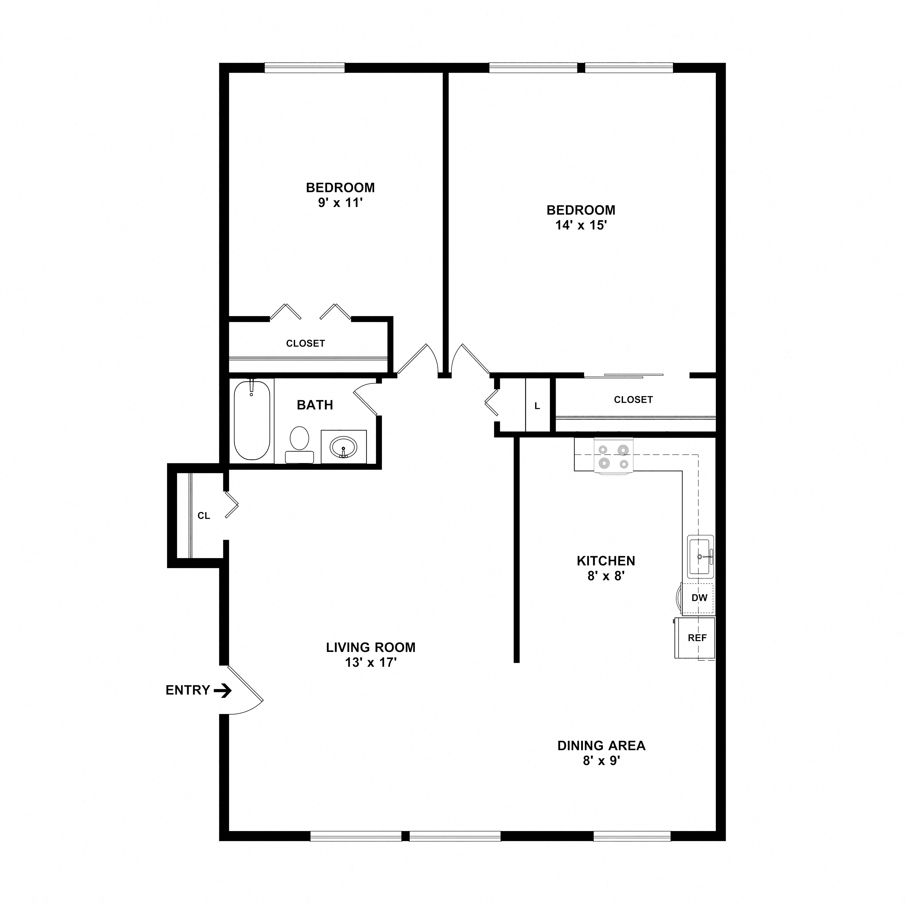 Campus Terrace 2 Bed 1 Bath Deluxe Floorplan,Campus Terrace 2 Bed 1 Bath Deluxe Furnished Layout