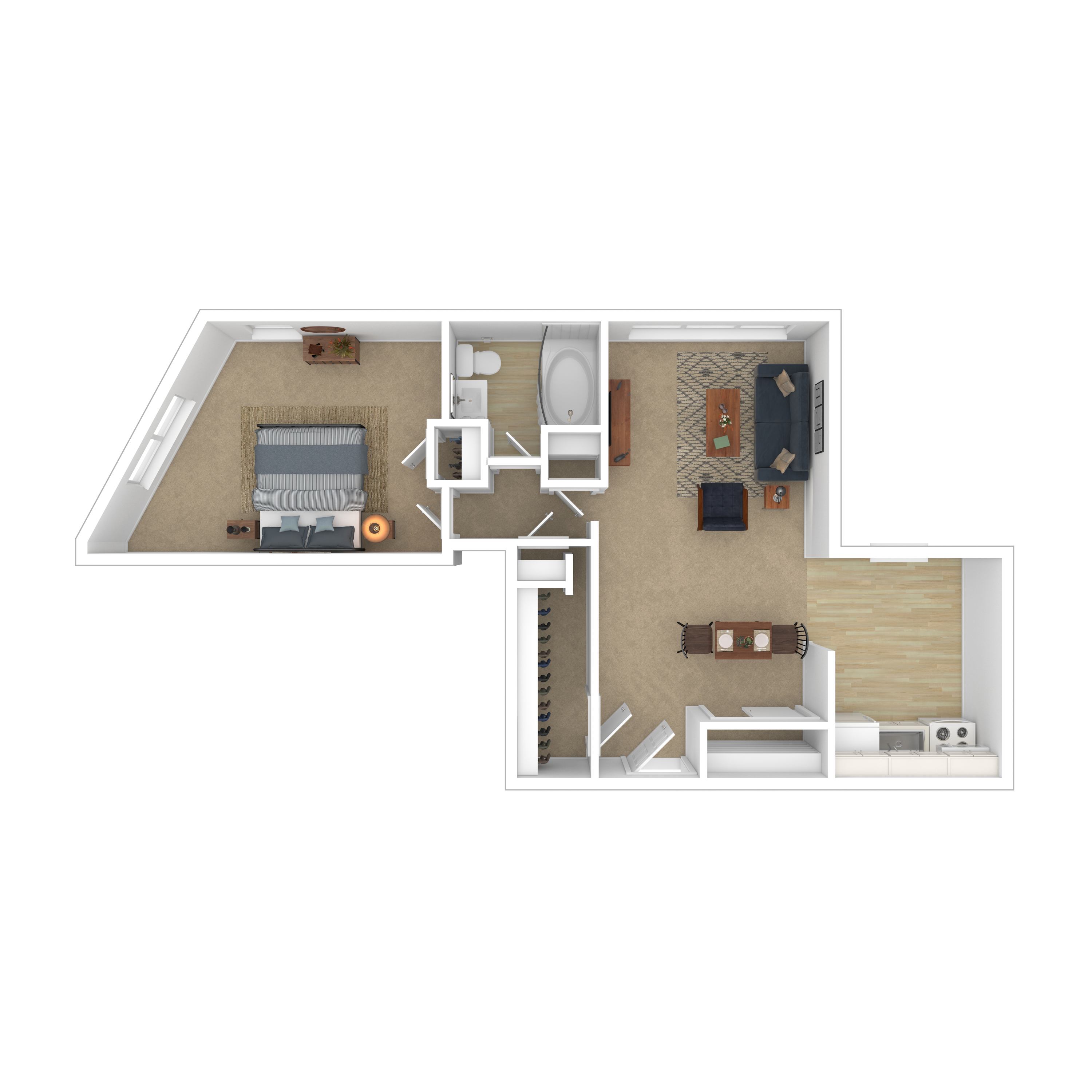 A top down view of a small apartment with a bedroom, living room, and kitchen.