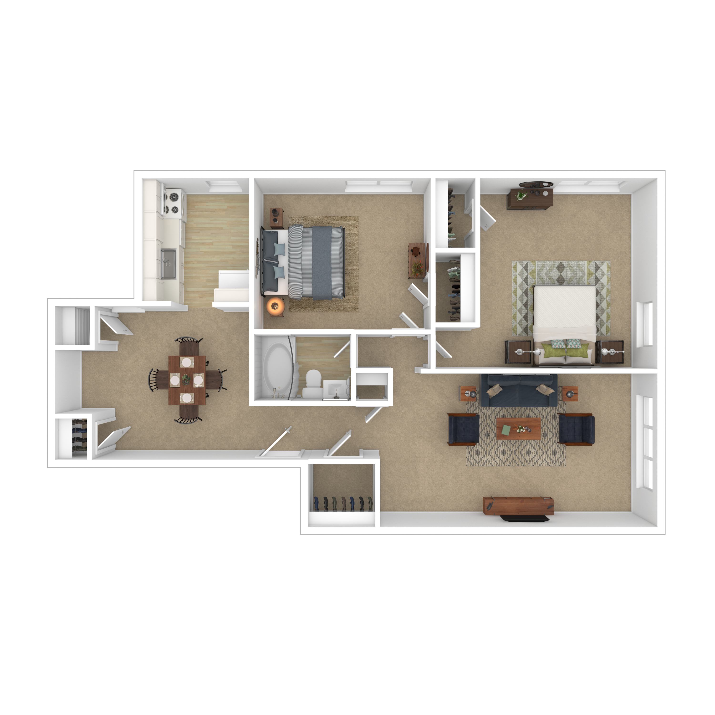 A top down view of a small apartment with a kitchen, living room, and bedroom.