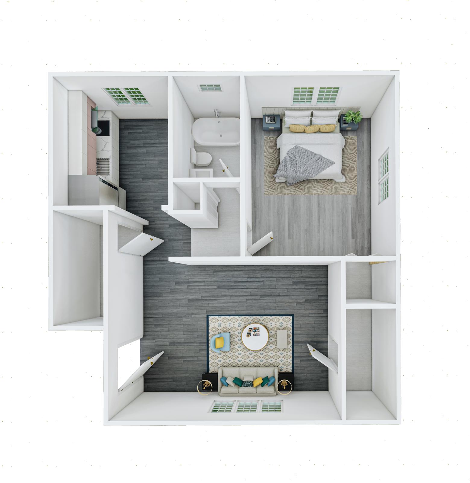 A small white room with a bed and a grey wall.