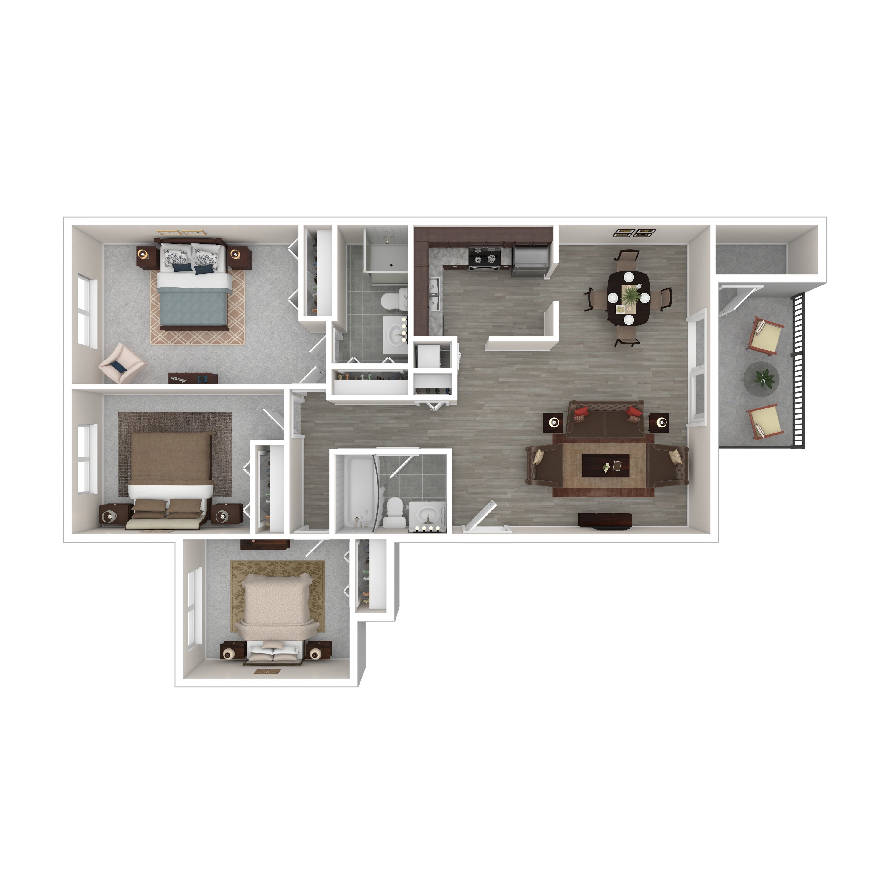 A floor plan of a house with a living room, dining room, kitchen, and three bedrooms.