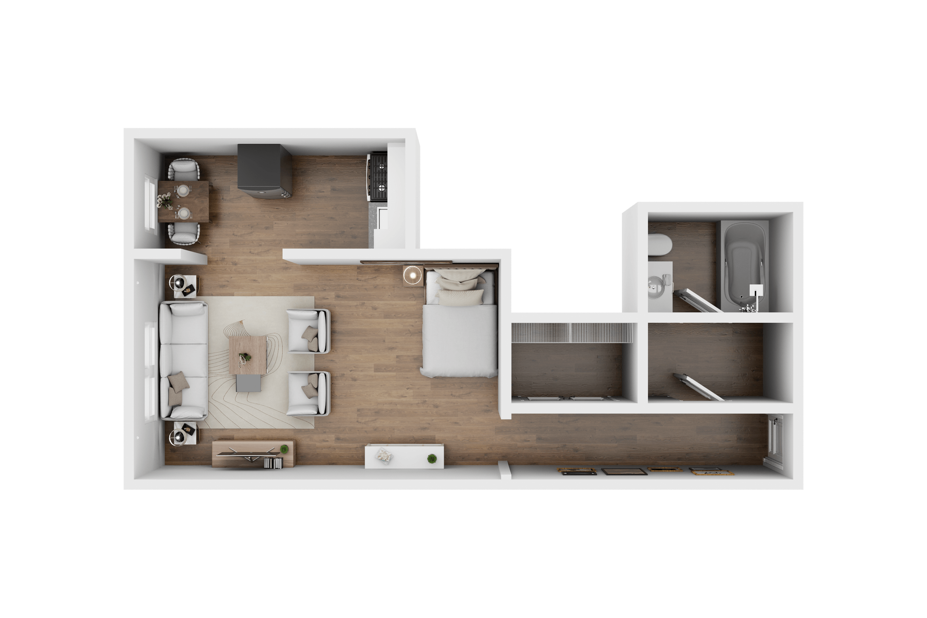 A 3D floor plan of a house layout.