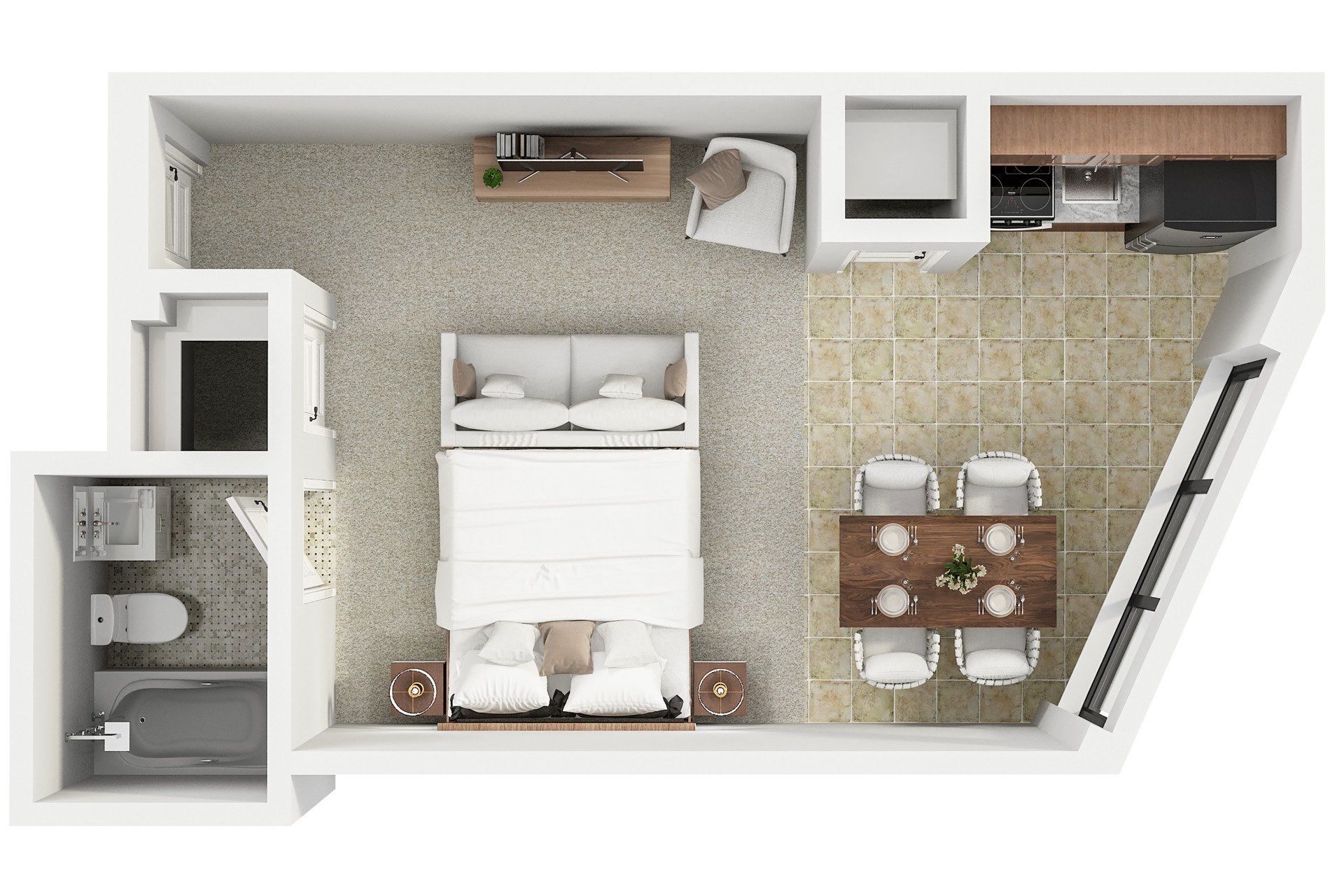 A small bedroom with a bed, nightstand, and a small kitchenette.,A small bedroom with a bed, nightstand, and a small kitchenette.