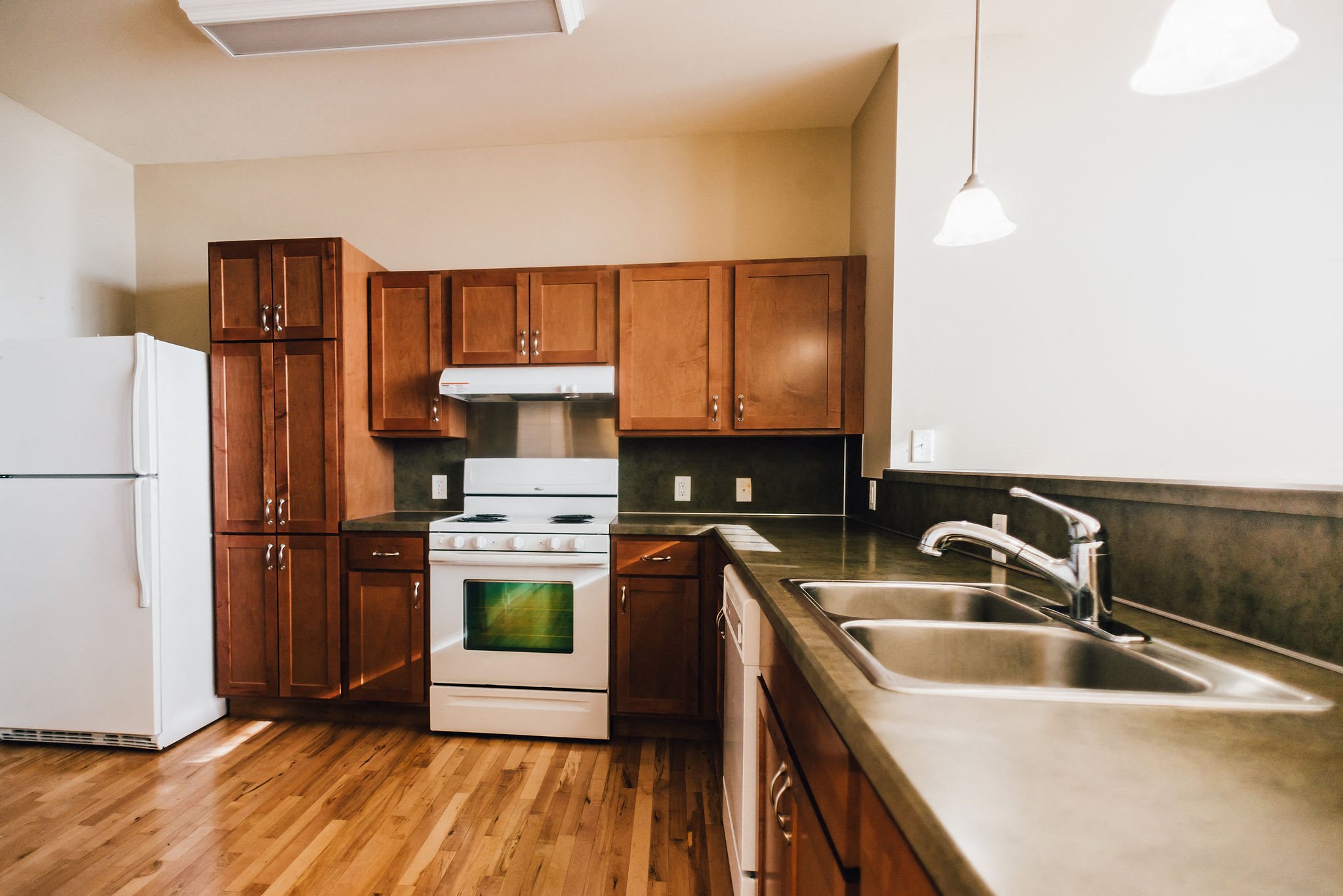 kitchen with wood cupboards and hardwood floors