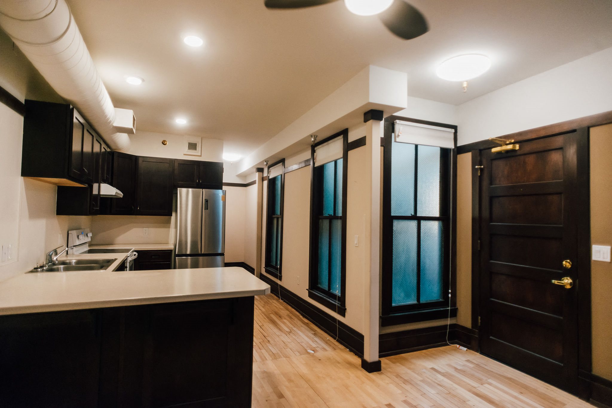 open plan kitchen inside historic apartment building
