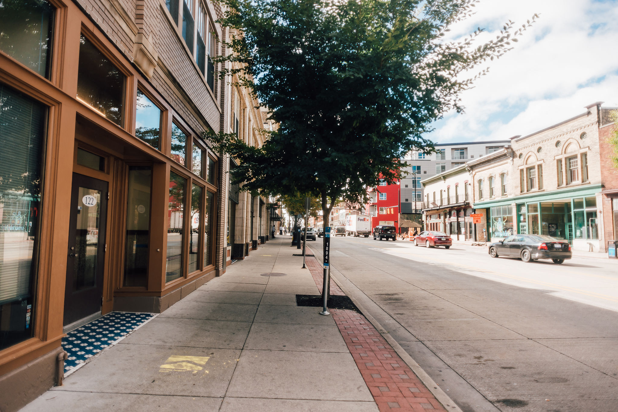 streetscape of historic downtown apartment building