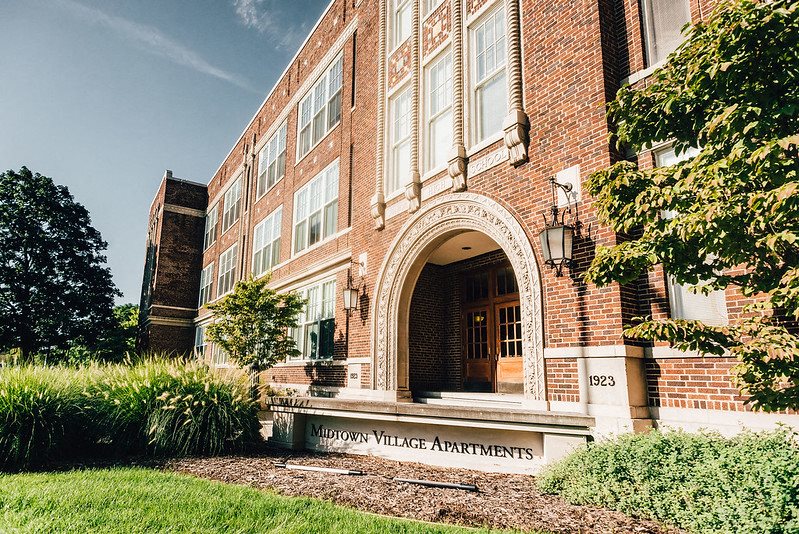 front entrance to historic apartment building