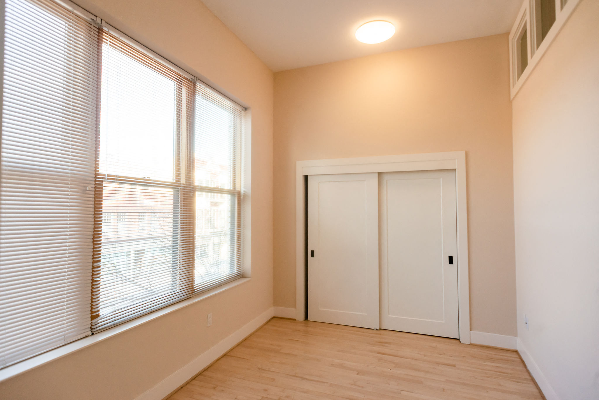 large windows, white closet doors, lvp flooring