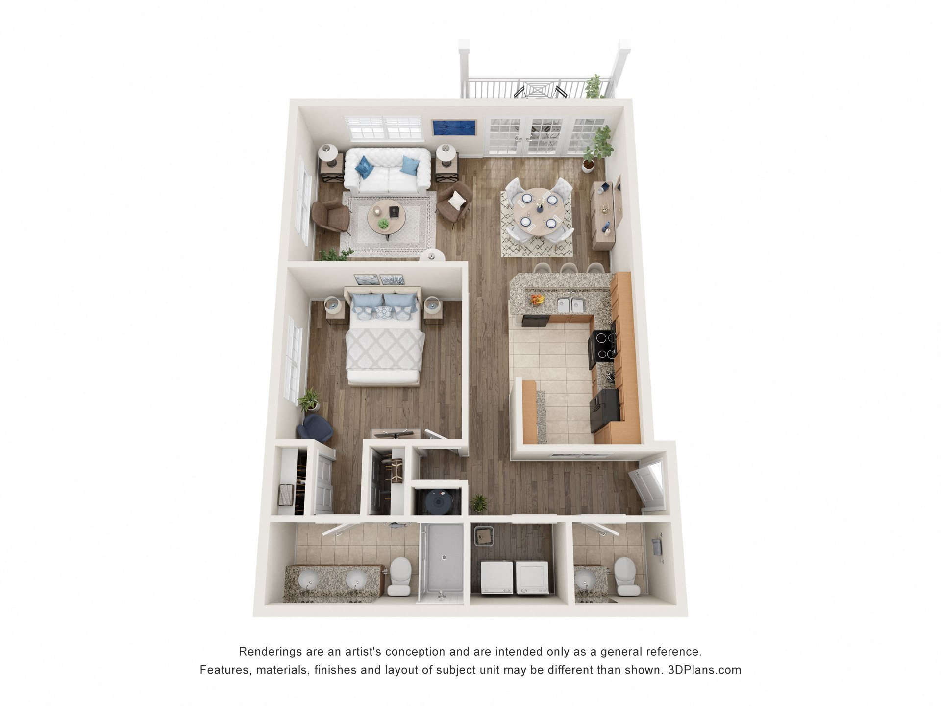a stylized floor plan of a 1 bedroom apartment