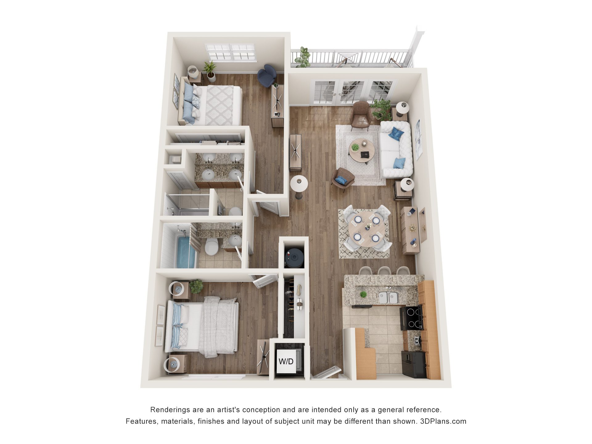 A 3D floor plan of a small apartment with a kitchen, living room, and bathroom.