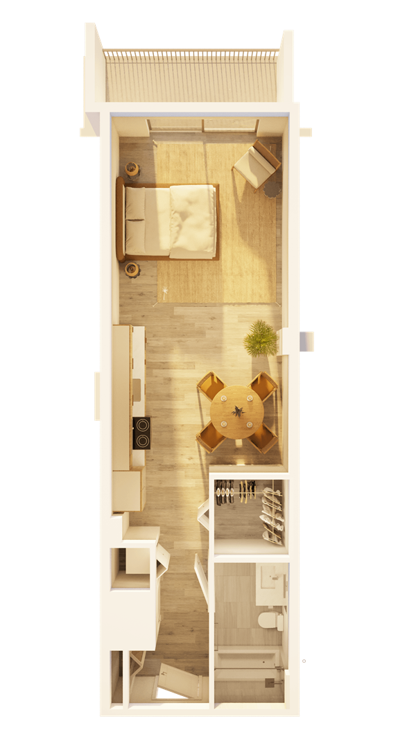 Sunlit modern living room with luxury furniture and indoor plant