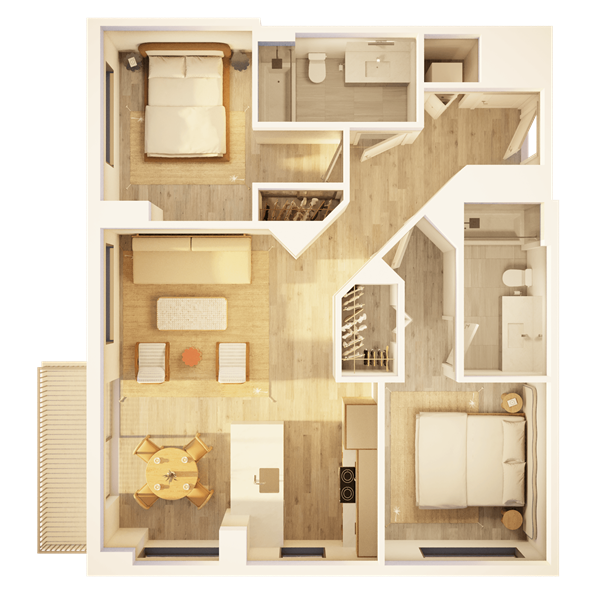 Sunlit modern living room with luxury furniture and indoor plant