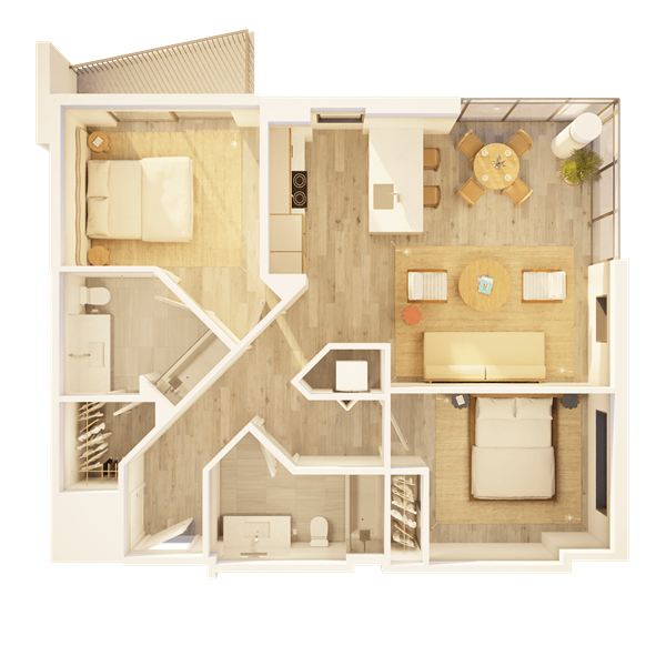 Sunlit modern living room with luxury furniture and indoor plant