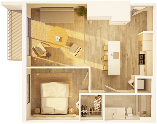 Sunlit modern living room with luxury furniture and indoor plant