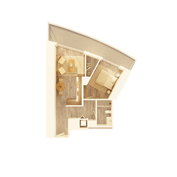 A large apartment bedroom with modern nightstands and lamps on each side, a comfortable chair, and a water painting above the headboard