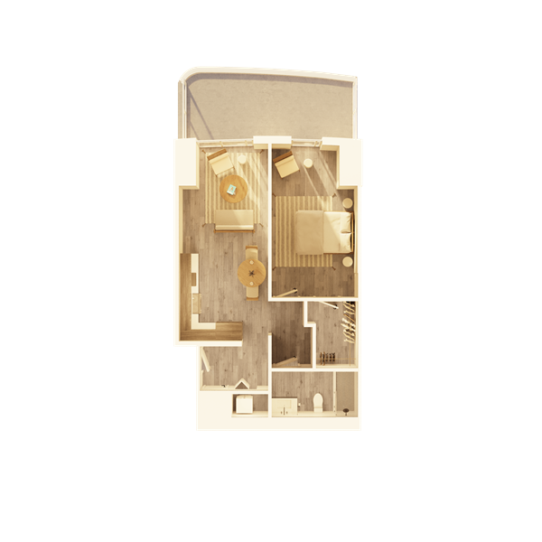 A large apartment bedroom with modern nightstands and lamps on each side, a comfortable chair, and a water painting above the headboard