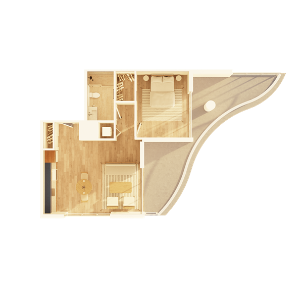 A large apartment bedroom with modern nightstands and lamps on each side, a comfortable chair, and a water painting above the headboard