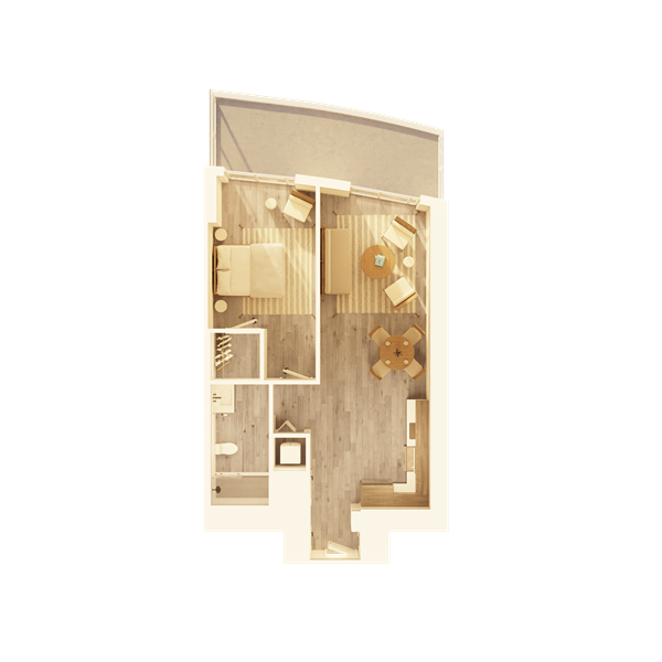 A large apartment bedroom with modern nightstands and lamps on each side, a comfortable chair, and a water painting above the headboard