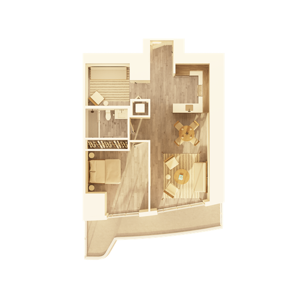 A large apartment bedroom with modern nightstands and lamps on each side, a comfortable chair, and a water painting above the headboard