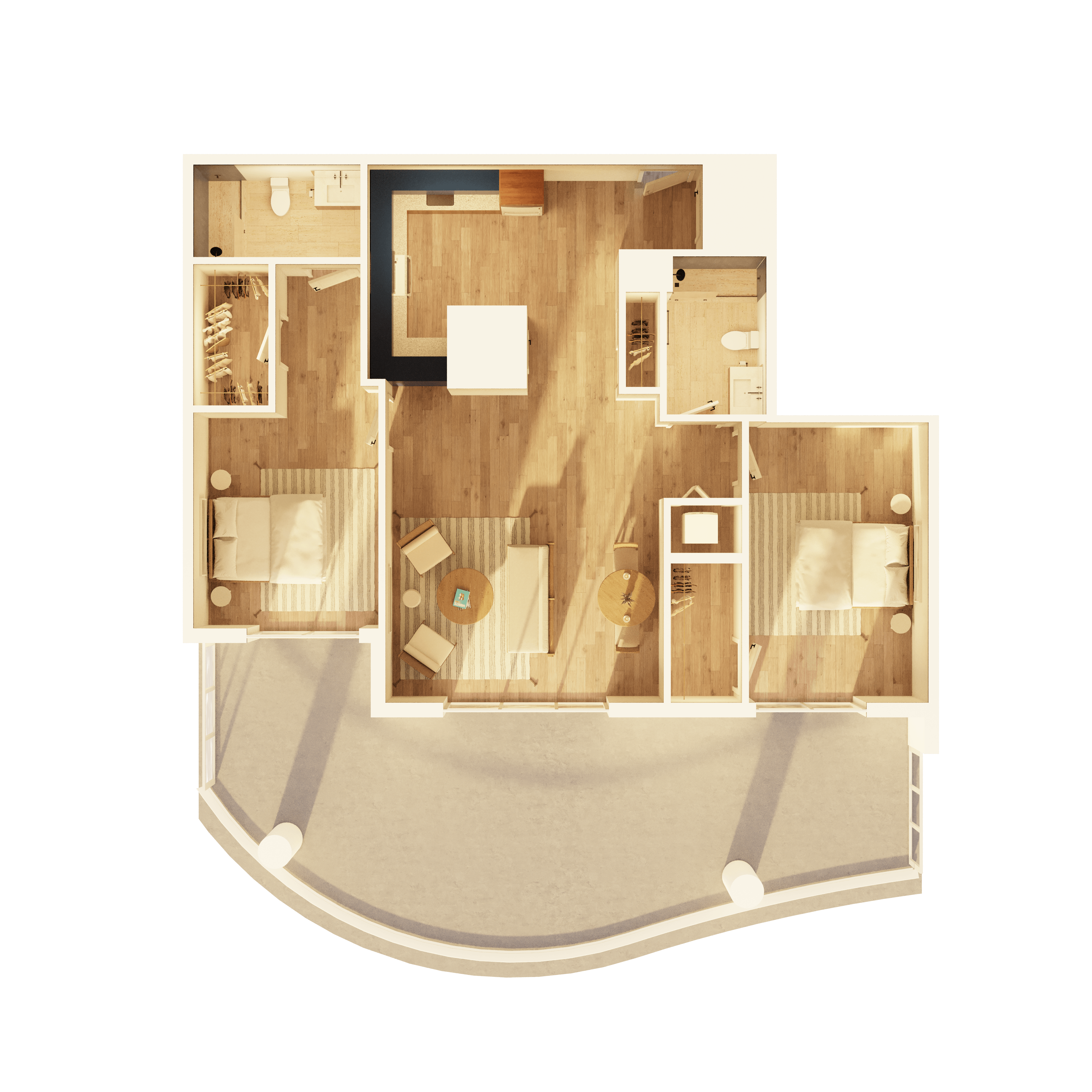 A large apartment bedroom with modern nightstands and lamps on each side, a comfortable chair, and a water painting above the headboard