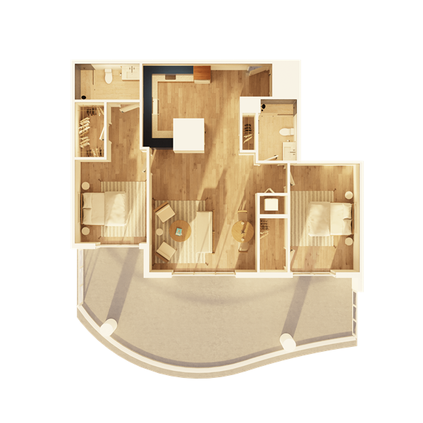 A large apartment bedroom with modern nightstands and lamps on each side, a comfortable chair, and a water painting above the headboard