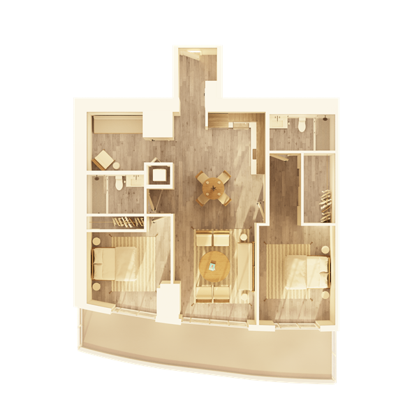 A large apartment bedroom with modern nightstands and lamps on each side, a comfortable chair, and a water painting above the headboard