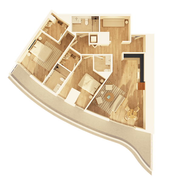 A large apartment bedroom with modern nightstands and lamps on each side, a comfortable chair, and a water painting above the headboard