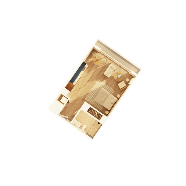 A large apartment bedroom with modern nightstands and lamps on each side, a comfortable chair, and a water painting above the headboard