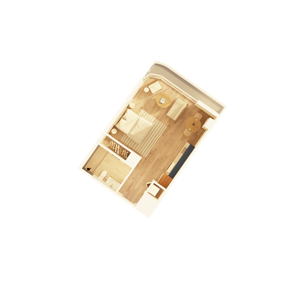 A large apartment bedroom with modern nightstands and lamps on each side, a comfortable chair, and a water painting above the headboard