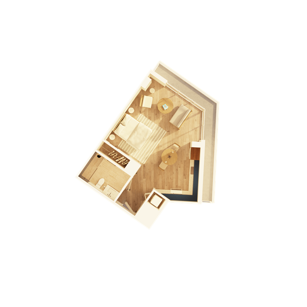 A large apartment bedroom with modern nightstands and lamps on each side, a comfortable chair, and a water painting above the headboard