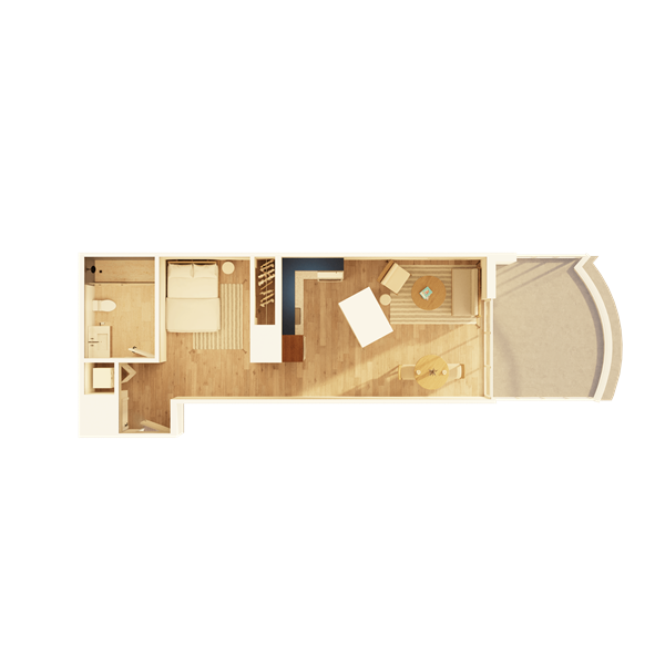 A large apartment bedroom with modern nightstands and lamps on each side, a comfortable chair, and a water painting above the headboard