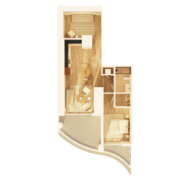 A large apartment bedroom with modern nightstands and lamps on each side, a comfortable chair, and a water painting above the headboard