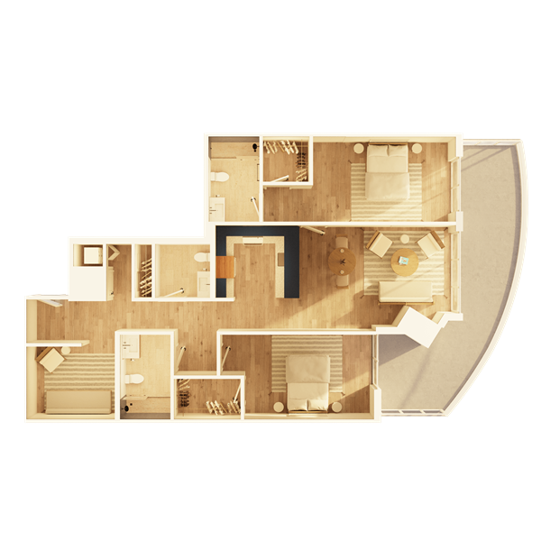 A large apartment bedroom with modern nightstands and lamps on each side, a comfortable chair, and a water painting above the headboard