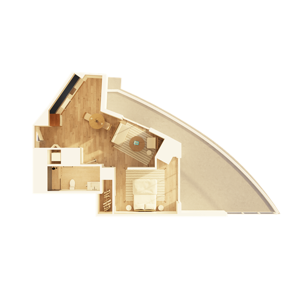 A large apartment bedroom with modern nightstands and lamps on each side, a comfortable chair, and a water painting above the headboard