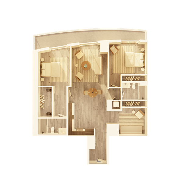 A large apartment bedroom with modern nightstands and lamps on each side, a comfortable chair, and a water painting above the headboard