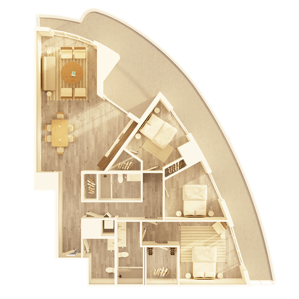 A large apartment bedroom with modern nightstands and lamps on each side, a comfortable chair, and a water painting above the headboard