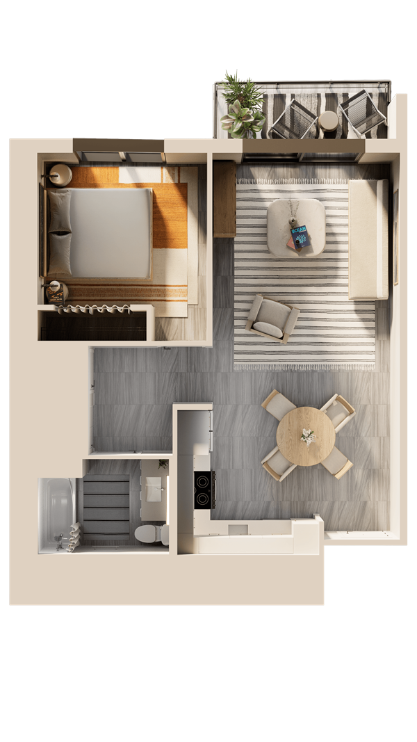 Sunlit modern living room with neutral furniture and indoor plant