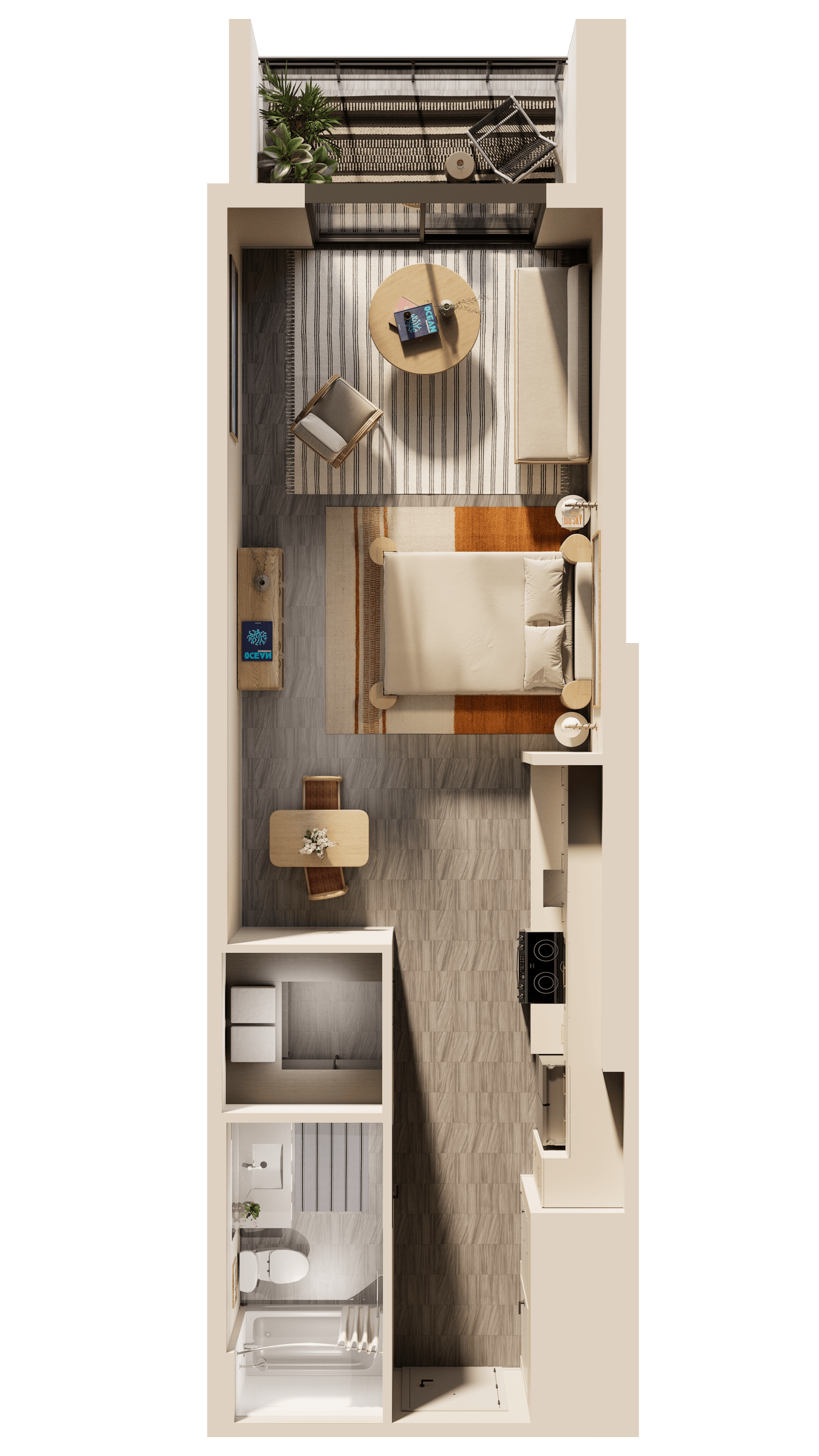 Sunlit modern living room with neutral furniture and indoor plant