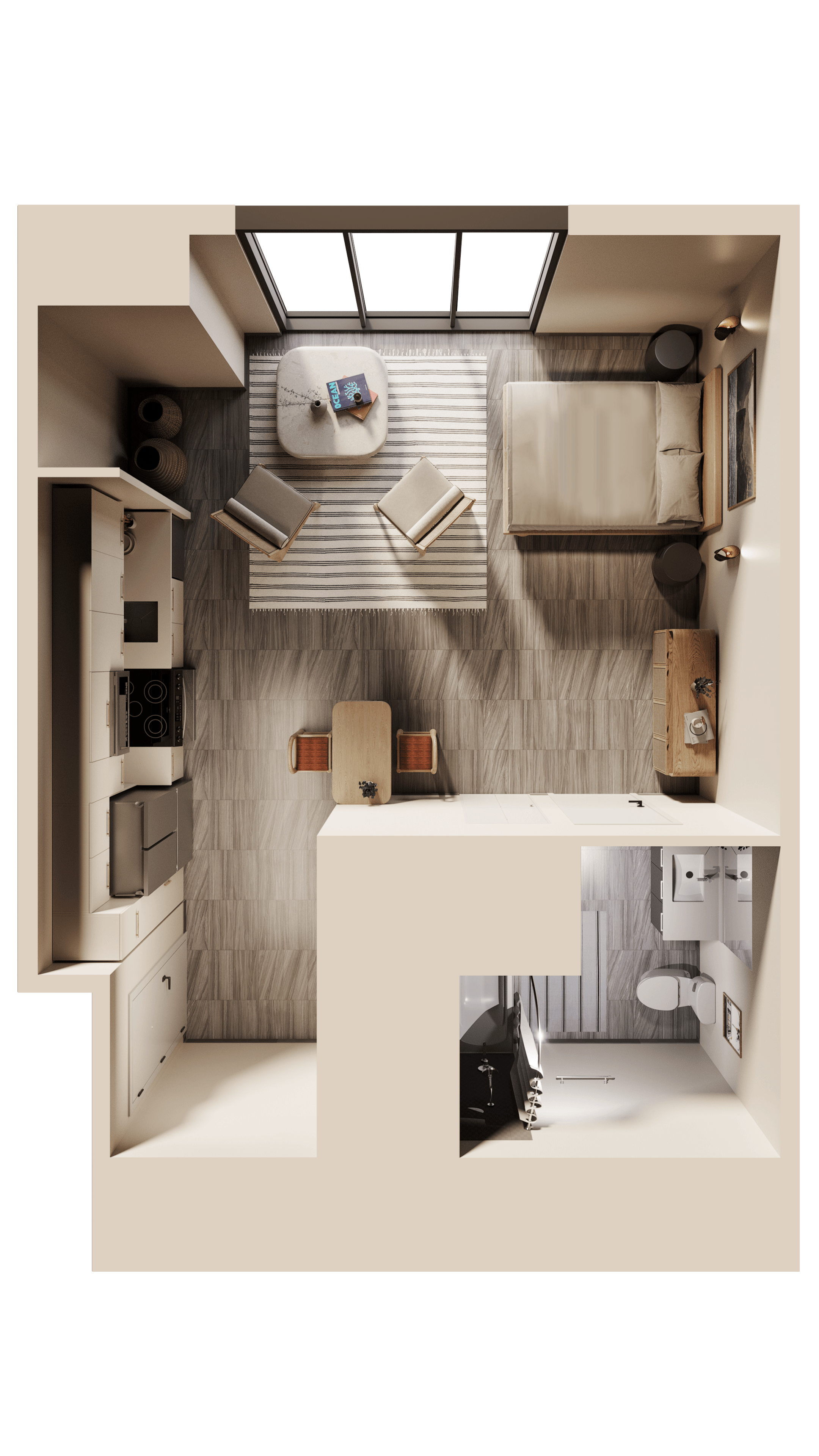 Sunlit modern living room with neutral furniture and indoor plant