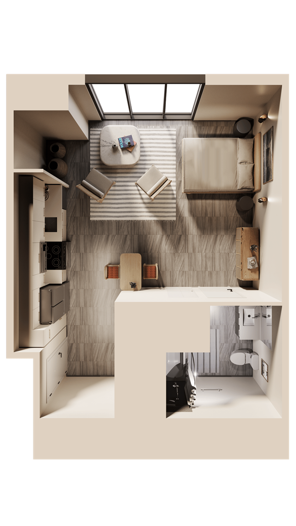 Sunlit modern living room with neutral furniture and indoor plant