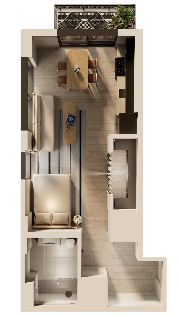 A man and a woman sit in a tropical apartment living room