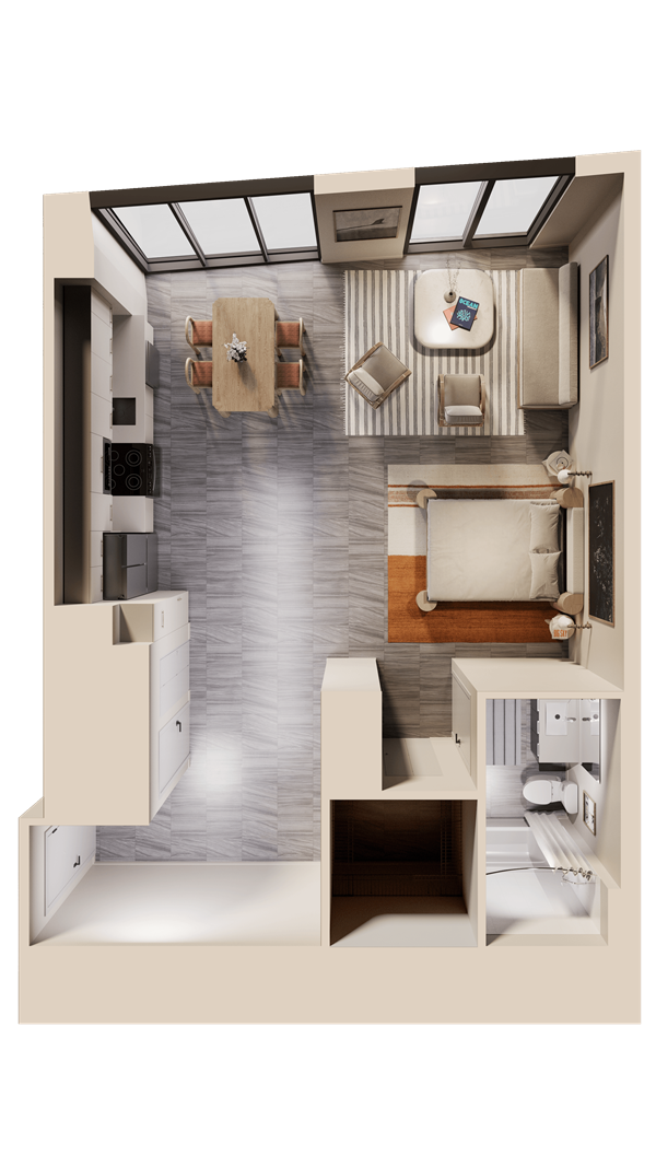 Sunlit modern living room with neutral furniture and indoor plant