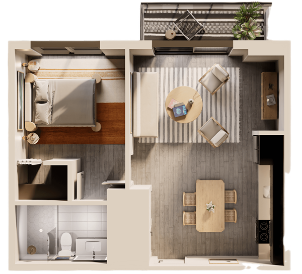 A man and a woman sit in a tropical apartment living room