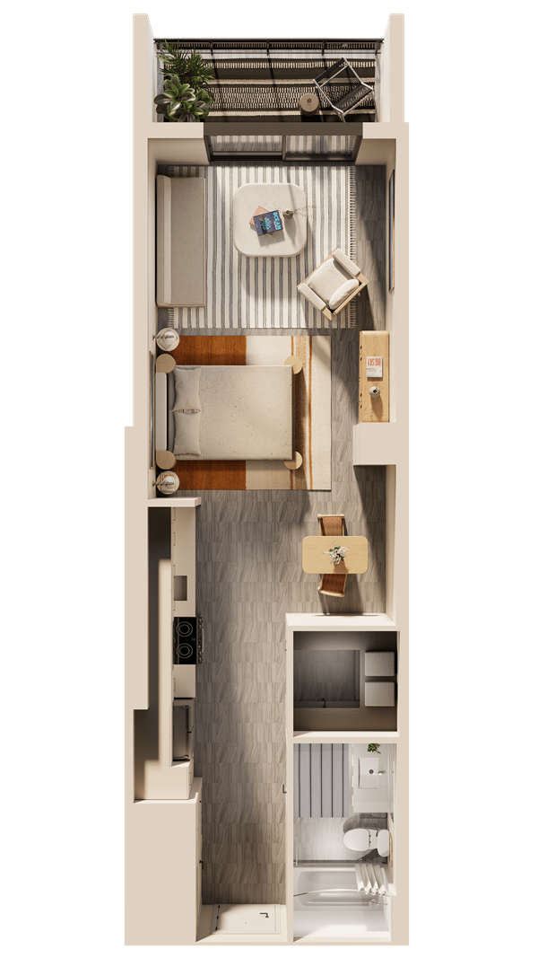 Sunlit modern living room with neutral furniture and indoor plant