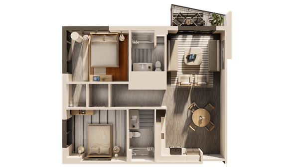 Sunlit modern living room with neutral furniture and indoor plant