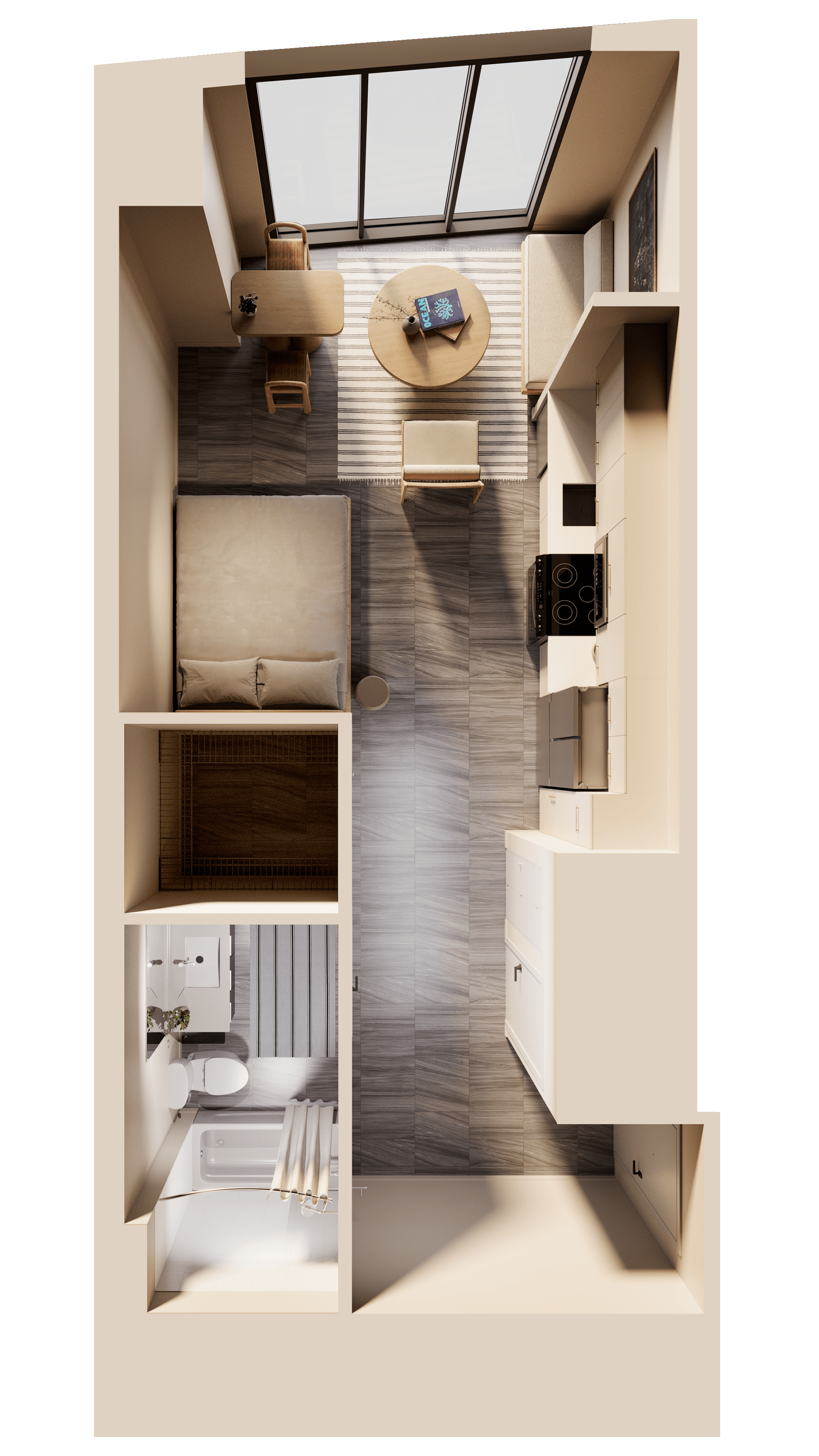 Sunlit modern living room with neutral furniture and indoor plant