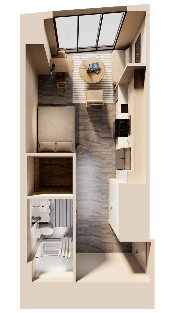 Sunlit modern living room with neutral furniture and indoor plant