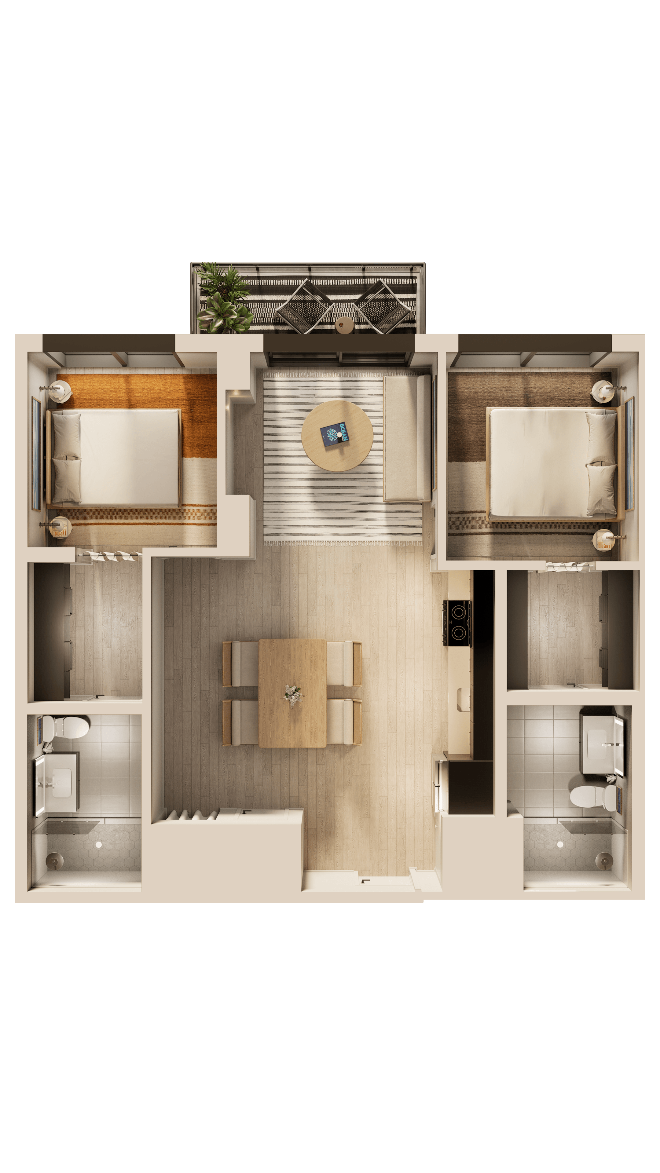 A man and a woman sit in a tropical apartment living room